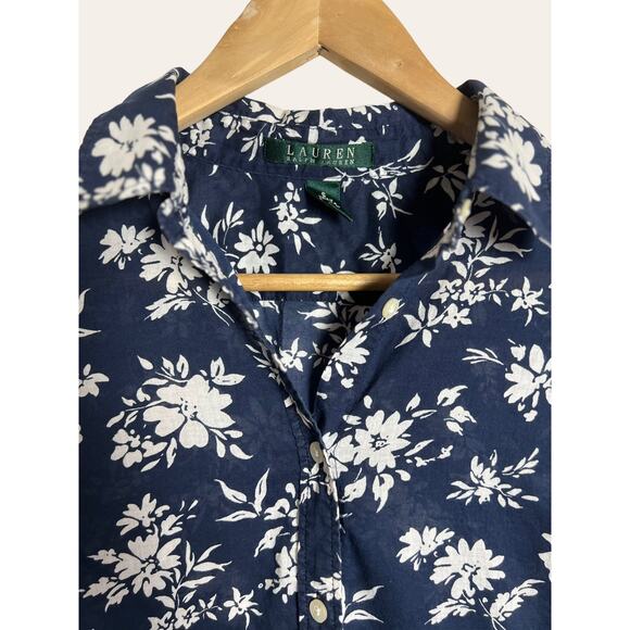 Lauren Ralph Lauren Blue White Floral Print Cotton Button Down Shirt Size Small - Picture 2 of 6